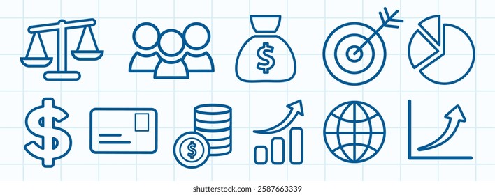 Set of blue finance icons including scales, people, money bag, target, pie chart, dollar sign, envelope, coins, graph, globe, and upward arrow on grid background. Business elements, vector set.