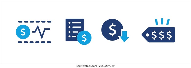 Set of blue financial and shopping icons with dollar signs, price tags, discounts, charts, invoices, and calculators. Business and commerce UI elements for web, app, banner, and print design.
