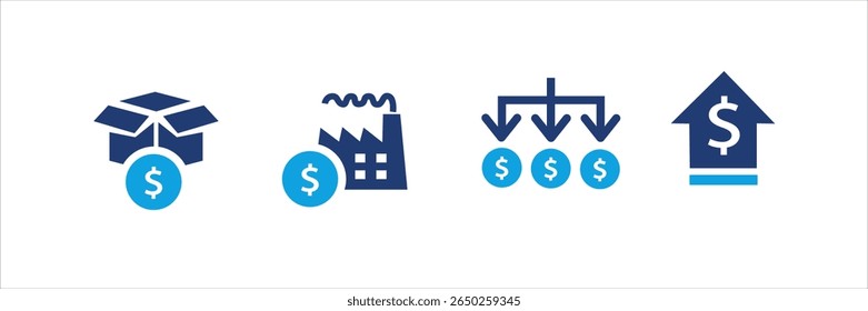 Set of blue financial and shopping icons with dollar signs, price tags, discounts, charts, invoices, and calculators. Business and commerce UI elements for web, app, banner, and print design.