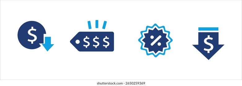 Set of blue financial and shopping icons with dollar signs, price tags, discounts, charts, invoices, and calculators. Business and commerce UI elements for web, app, banner, and print design.