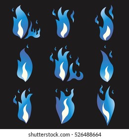 Set of Blue fire animation sprite flames. Cartoon and flat style. Black background. Vector illustration.