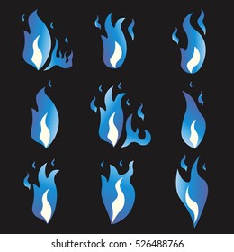 Set of Blue fire animation sprite flames. Cartoon and flat style. Black background. Vector illustration.