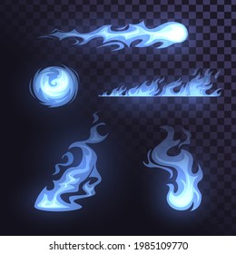 Set of blue fire elements: fireballs and flames