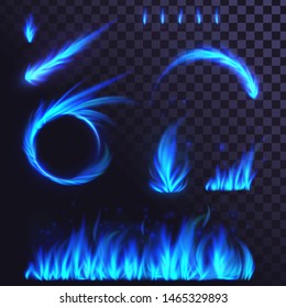 Set of blue fire elements, ring of fire, fireball, flames, bonfire