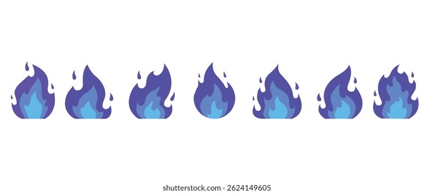 Set of blue fire icons vector. Fire icons in flat style. Fire symbols. Vector illustration of fire, wildfire and campfire on transparent background.