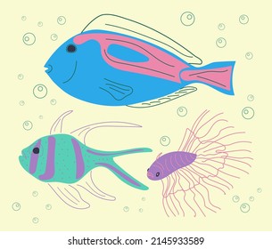 A set of blue  fish. Marine flora and fauna. Flat vector style.
