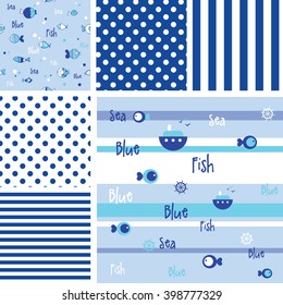 Set of blue fish pattern. Vector design. Swatches. Polka dot pattern. 
Seamless design.