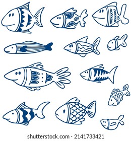 Set of blue fishes in doodle ink style. Hand drawn illustration