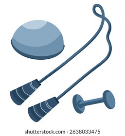 Set of blue fitness gear: balance dome, jump rope, dumbbell.