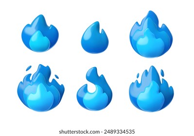 Set of blue flame icons of different shapes in 3D vector. The collection of emoticons depicts energy and strength. Ideal for chats and online reactions. Isolated background.