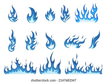 Set of blue flames vector illustration element, background, frame, effects, layout. Vector eps 10. Cartoon of flames. 