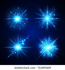 Set of blue flash stars on dark background. Vector illustration