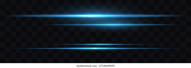 Conjunto de flashes azuis. Raios de luz horizontais, movimento de uma linha luminosa em um fundo transparente, um flash de luz bonito, destaques brilhantes. Raios laser abstratos de luz. Linhas laser de luz.