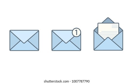 Set of blue flat envelopes with receive message signs. Close and open vector mail symbols with letter, notification signs for mobile app, web page design