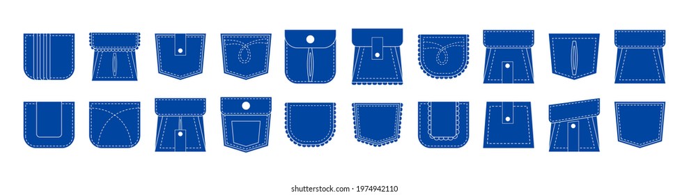 Set Of Blue Flat Patch Pocket Icon. White Stitch Symbol For Tsirt, Jeans, Pants. Pleated Sign With Frill Or Ruffles.