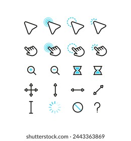 A set of blue flat simple cursor icons. Minimalistic flat mouse cursor, pointer, hand, zoom in, zoom out.