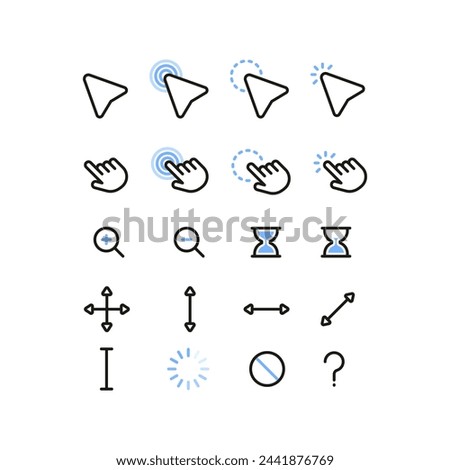 A set of blue flat simple cursor icons. Minimalistic flat mouse cursor, pointer, hand, zoom in, zoom out.