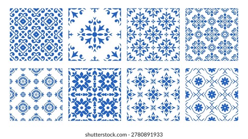 Set of Blue floral and geometric seamless patterns. Mediterranean Ceramic. Sicilian, Portuguese, Spanish tile traditional design, porcelain pottery. Vector isolated on white background