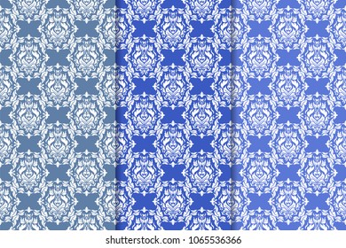 Set of blue floral ornamental designs. Vertical seamless patterns for wallpapers and fabrics