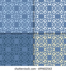 Set of blue floral ornaments. Seamless patterns for wallpapers and fabric. Vector illustration