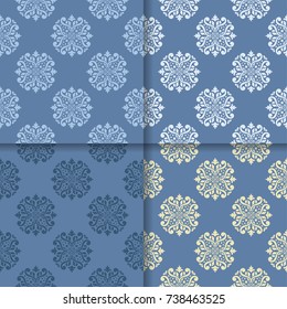 Set of blue floral ornaments. Seamless patterns for wallpapers and fabric. Vector illustration