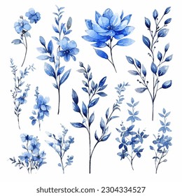 Set of blue floral watecolor. flowers and leaves. Floral poster, invitation floral. Vector arrangements for greeting card or invitation design