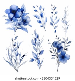 Set of blue floral watecolor. flowers and leaves. Floral poster, invitation floral. Vector arrangements for greeting card or invitation design