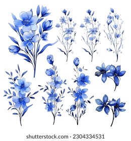 Set of blue floral watecolor. flowers and leaves. Floral poster, invitation floral. Vector arrangements for greeting card or invitation design