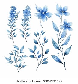 Set of blue floral watecolor. flowers and leaves. Floral poster, invitation floral. Vector arrangements for greeting card or invitation design