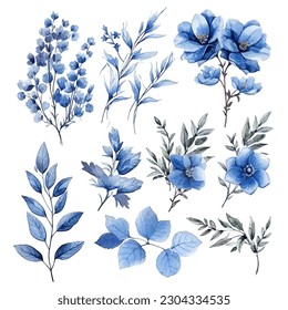 Set of blue floral watecolor. flowers and leaves. Floral poster, invitation floral. Vector arrangements for greeting card or invitation design