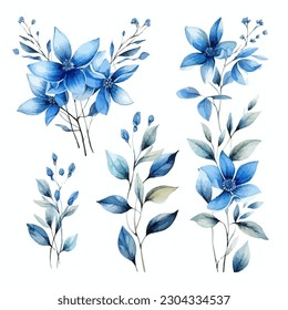 Set of blue floral watecolor. flowers and leaves. Floral poster, invitation floral. Vector arrangements for greeting card or invitation design