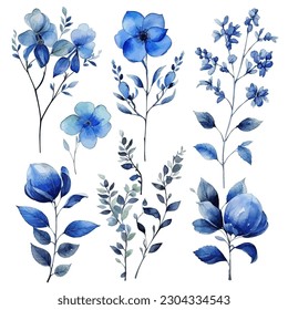 Set of blue floral watecolor. flowers and leaves. Floral poster, invitation floral. Vector arrangements for greeting card or invitation design