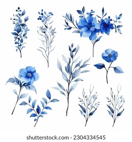 Set of blue floral watecolor. flowers and leaves. Floral poster, invitation floral. Vector arrangements for greeting card or invitation design