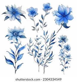 Set of blue floral watecolor. flowers and leaves. Floral poster, invitation floral. Vector arrangements for greeting card or invitation design