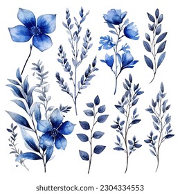 Set of blue floral watecolor. flowers and leaves. Floral poster, invitation floral. Vector arrangements for greeting card or invitation design