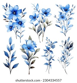 Set of blue floral watecolor. flowers and leaves. Floral poster, invitation floral. Vector arrangements for greeting card or invitation design