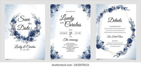 Set of Blue Floral Watercolor Wedding Invitation Card. Illustrator and designer. Wedding Invites, save the date, Birthday Invites, Video Invites, E-Cards.