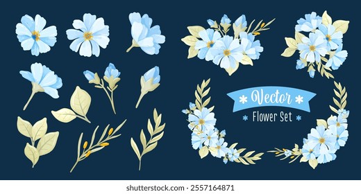 Set of Blue Flowers Decorative Element Arrangement Vector Collection. Beautiful Wreath Floral Wedding Element Invitation Decoration. Flowers Corner Borders Frame for Wedding Element 