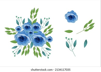 Set of blue flowers and green leaf clipart isolated