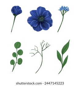 Set of blue flowers and leaves