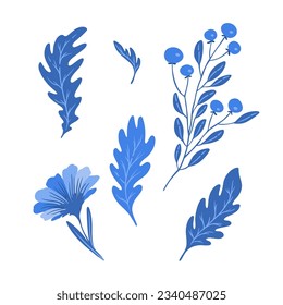 Set of blue flowers, leaves and branches, isolated