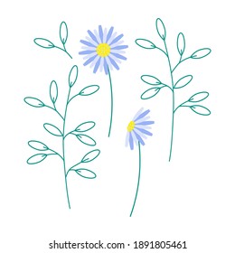 Set of blue flowers with
leaves. Isolated decorative elements. For posters, greetings, cards, posters and banners. Vector illustration. Flat style.