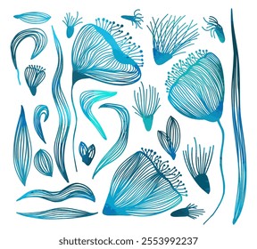 Set of blue flowers made from lines. hand drawing. Not AI, Vector illustration.