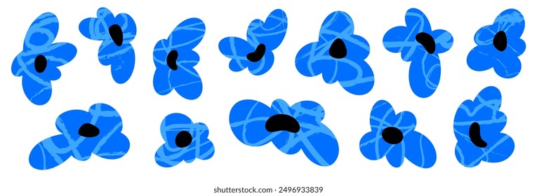 Set of blue flowers. Vector texture flowers drawn by hand. Flat trend style, illustrations on white background