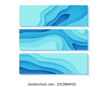 Juego de volantes azules en estilo de corte de papel. Colección de banners horizontales 3d fondo abstracto. Plantilla de tarjetas ambientales vectoriales con vista superior recortar formas onduladas para afiches, presentaciones de negocios