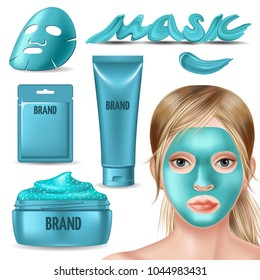 Set of blue foil mask and scrub for face. Advertising skin care purifying peel-off. Girl in spa salon. 3d vector realistic illustration. 