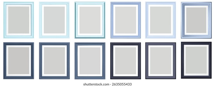 Set of blue frame isolated on white background. Realistic rectangle frames mockup. Classic Photo wooden frame. Shades of blue borders set for painting, poster, photo gallery. 3d vector illustration.