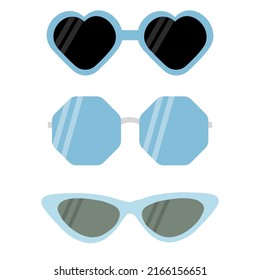 A set of blue frame sunglasses with black and dark lenses. Vector illustration in flat style eps10.