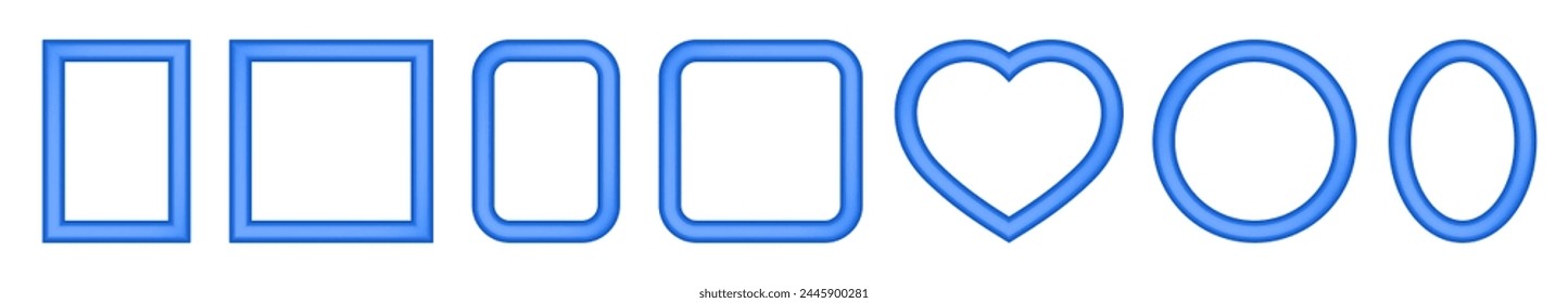 Set of blue frames. Square, rectangular, round, oval and heart-shaped pictures. Rounded angles. Poster or painting mockup on a transparent background. 3d photo frame