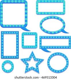 Set  blue frames in vintage style, with shining lights. Flat design. Vector illustration.  Business template for text information and print design.